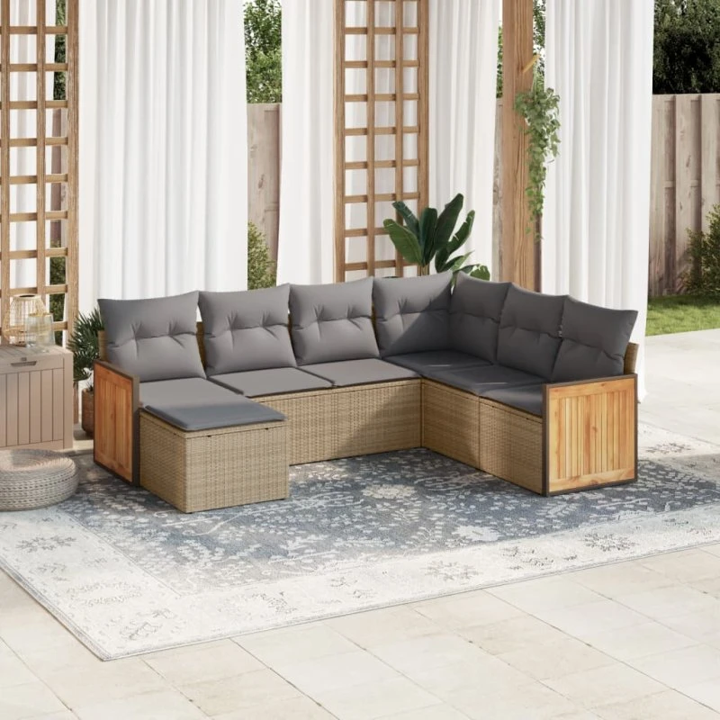 7-dele havestel i polyrattan med hynder – beige