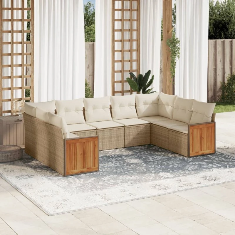 Sofasæt i polyrattan til haven 9 dele med hynder - beige