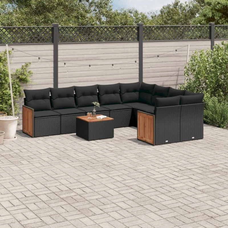 Havesofasæt 10 dele i polyrattan - sort med hynder