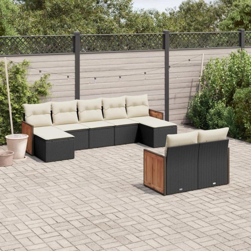 Havesæt 9 dele i sort polyrattan med hynder