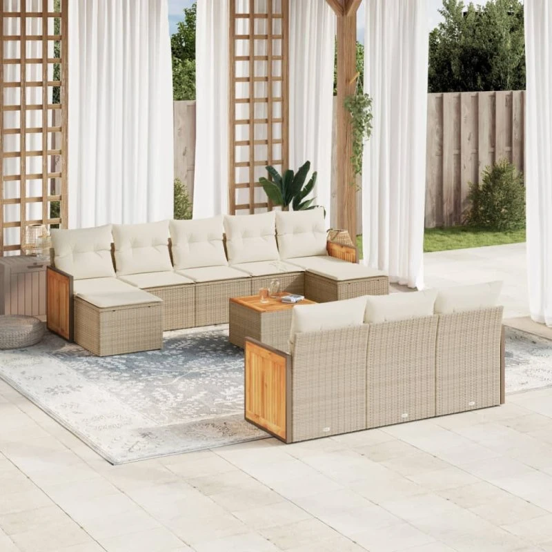 Havesæt 11 dele i polyrattan med hynder – beige