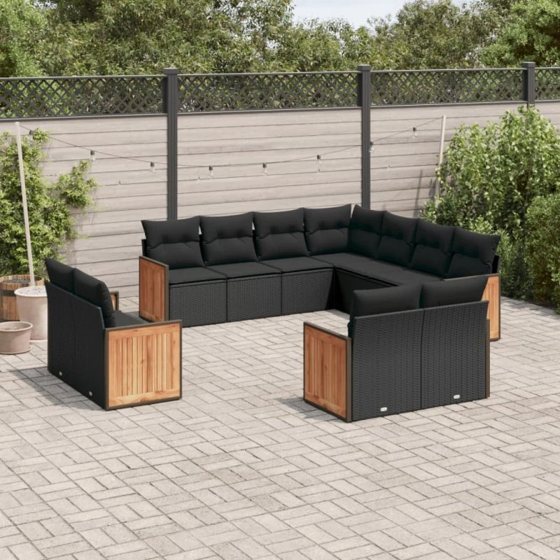 Havesofasæt 11 dele i polyrattan – sort med hynder