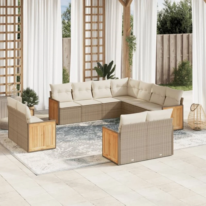 Havesæt 11 dele i polyrattan med hynder - beige