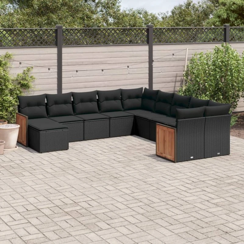Havesofasæt 11 dele i polyrattan - sort med hynder
