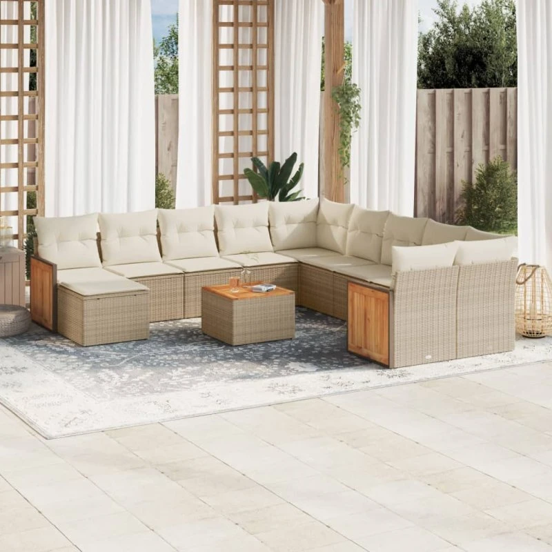 12-dele havesofasæt i polyrattan med hynder – beige