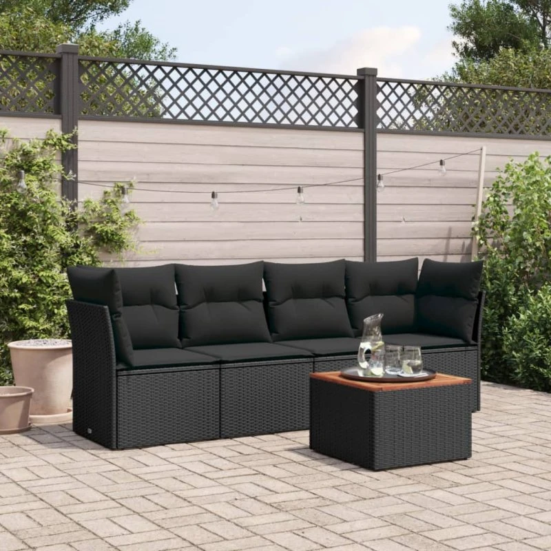 Havesofasæt 5 dele i polyrattan med hynder, sort
