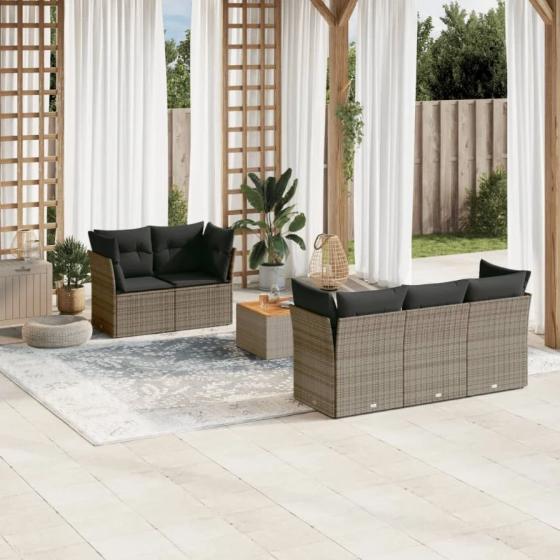 6-pcs polyrattan sofasæt til have med hynder, grå