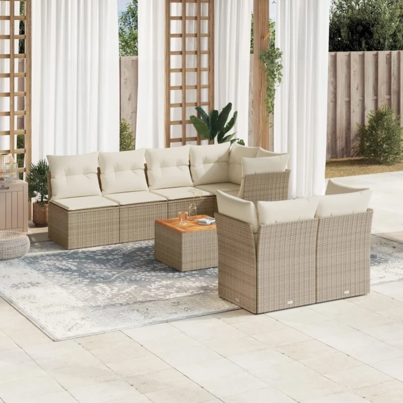 Havesofasæt 8 dele i polyrattan - beige med hynder