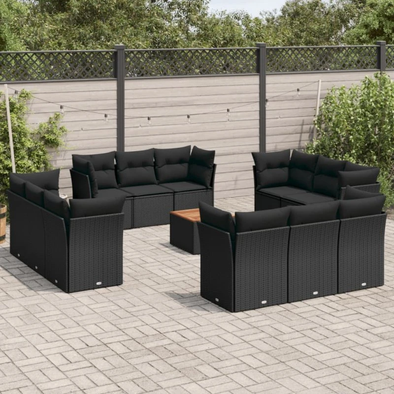 Havesofasæt 13 dele i polyrattan med hynder - sort