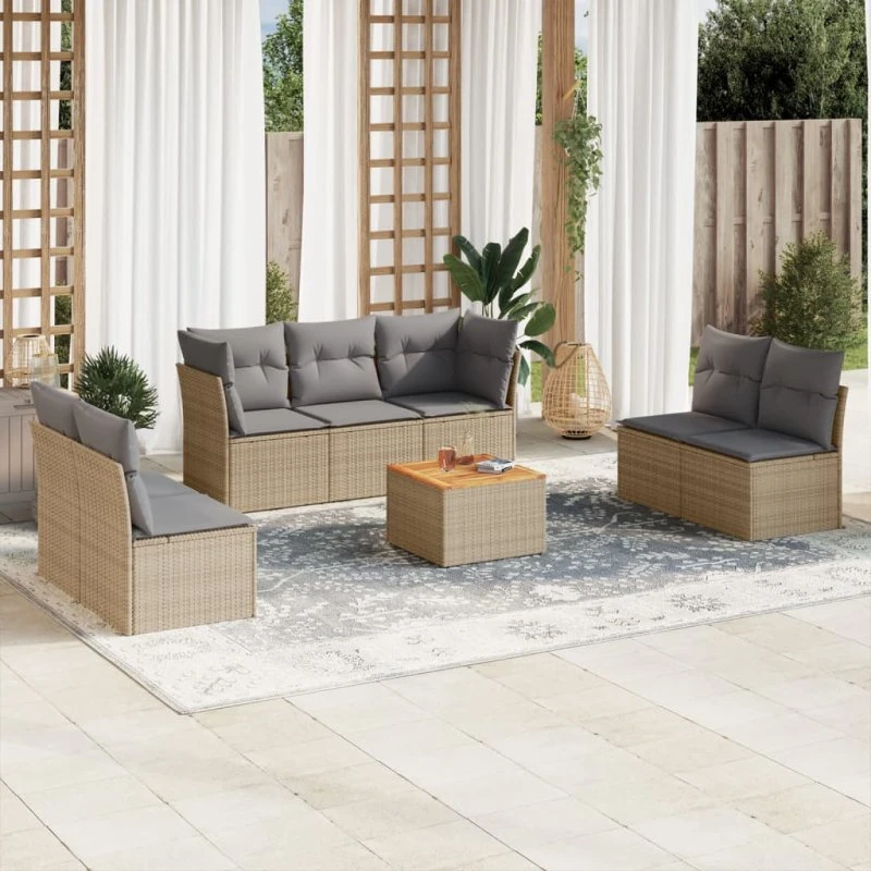 Havesæt polyrattan 8 dele med hynder - beige