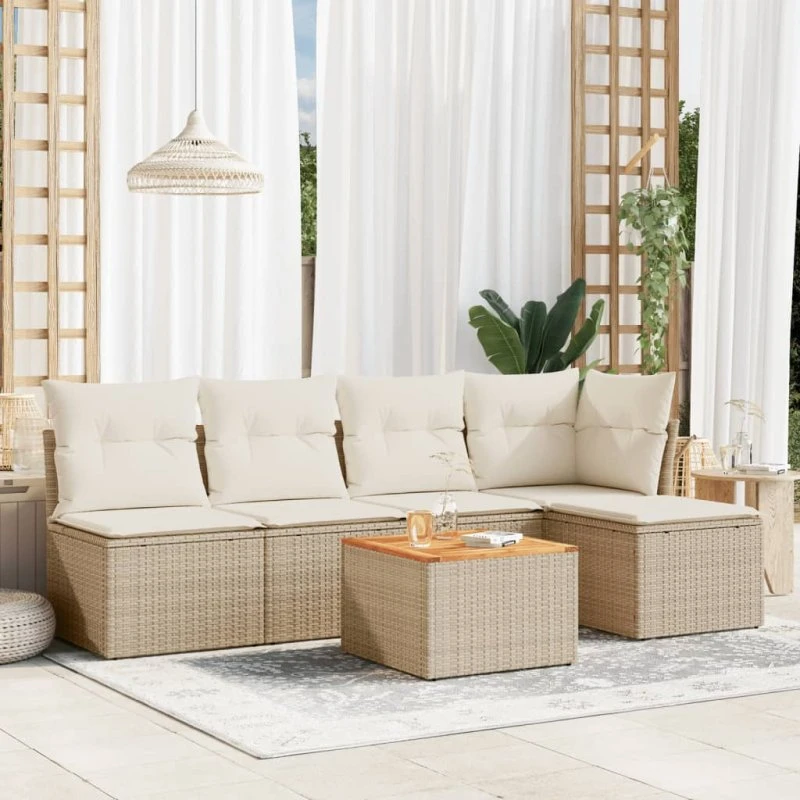 6-dele havemøbelsæt i polyrattan med hynder, beige