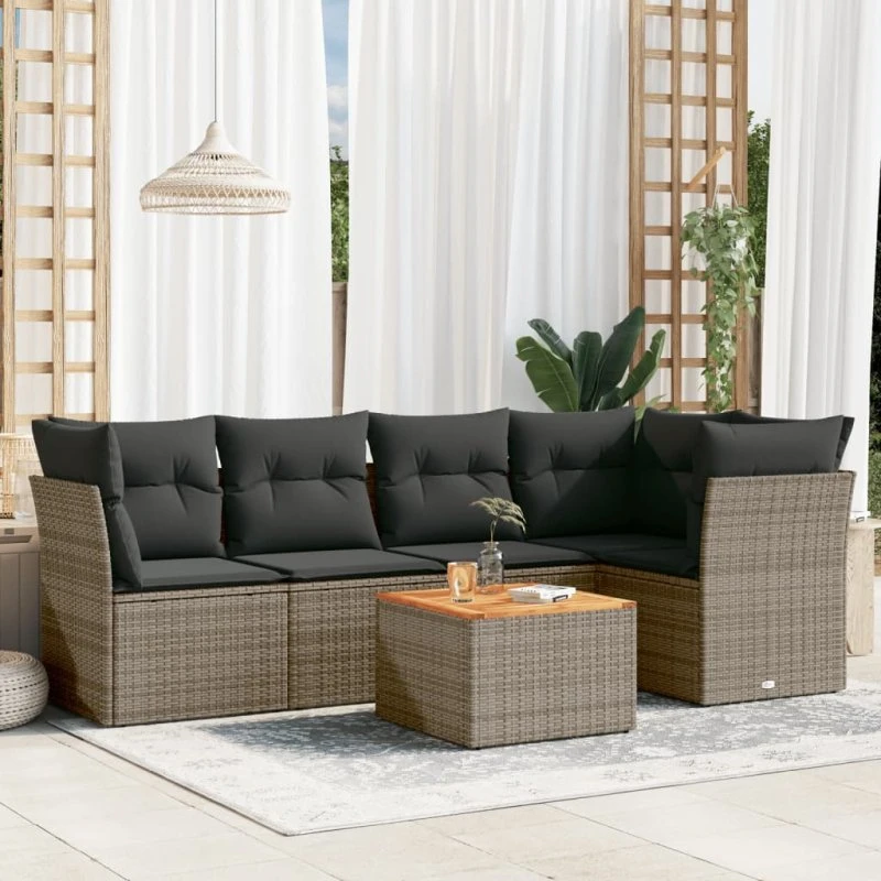 Havesofasæt 6 dele i grå polyrattan med hynder