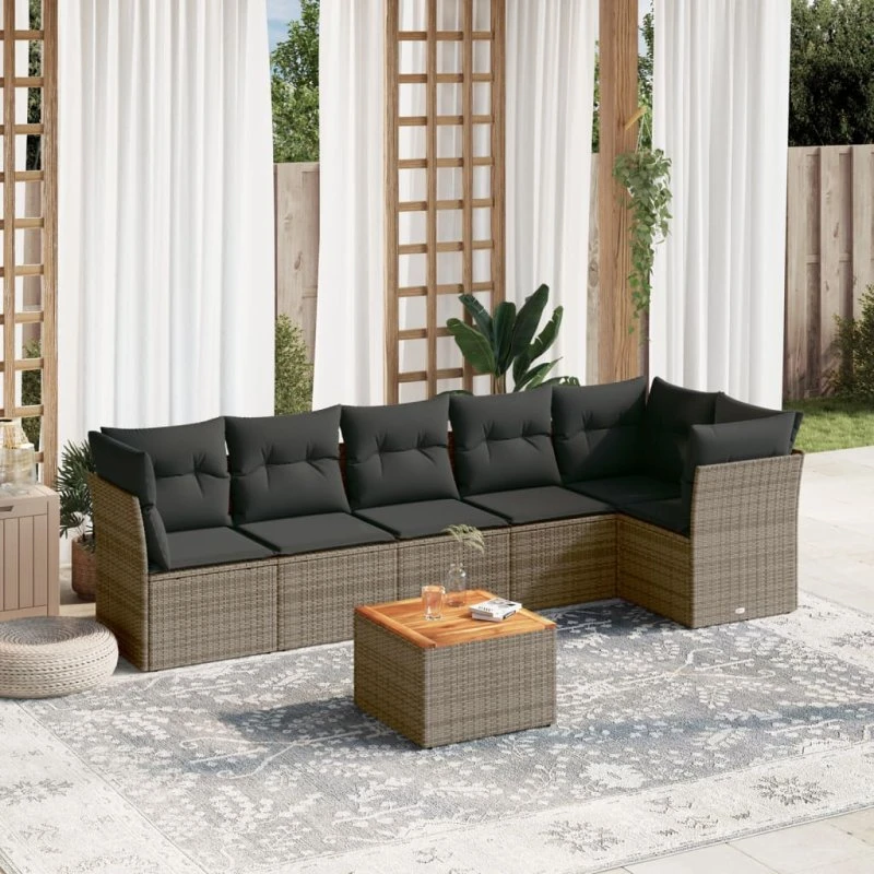 Havesofa sæt 7 dele i polyrattan med hynder, grå