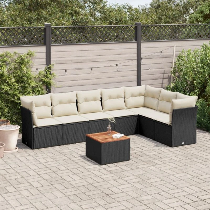 Sofasæt til haven 8 dele i sort polyrattan med hynder