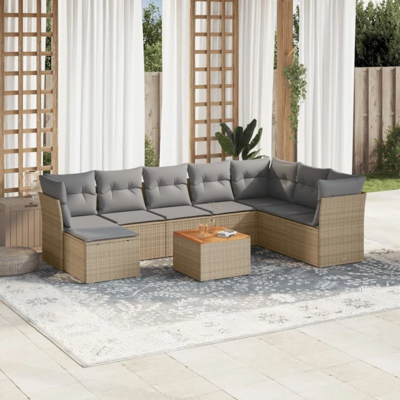 Havesofasæt 9 dele i polyrattan beige