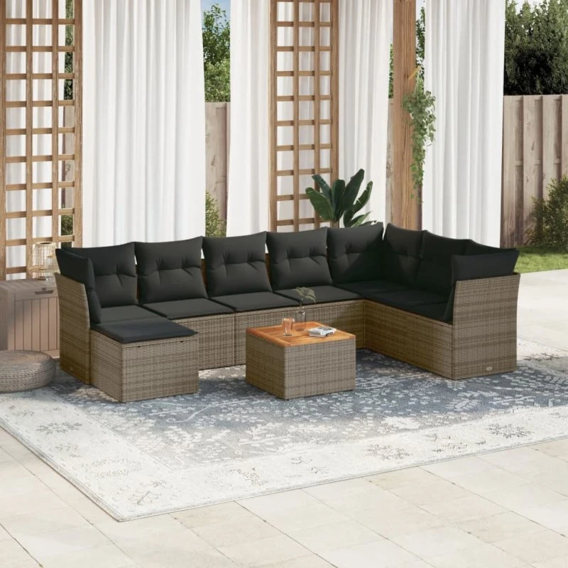 Polyrattan sofasæt til haven 9 dele med hynder, grå