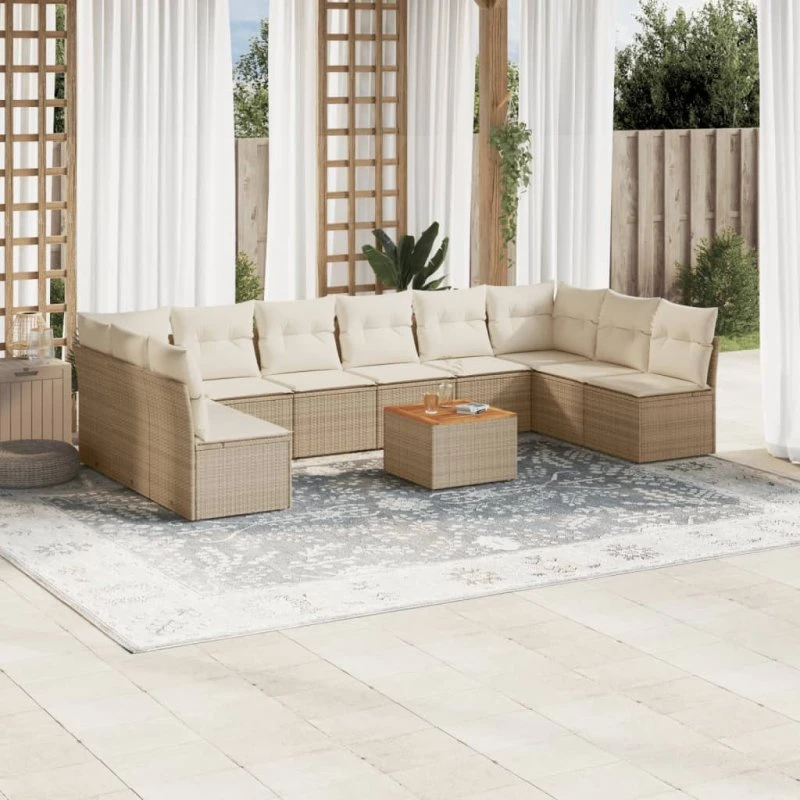 11-del havesofasæt i beige polyrattan med hynder