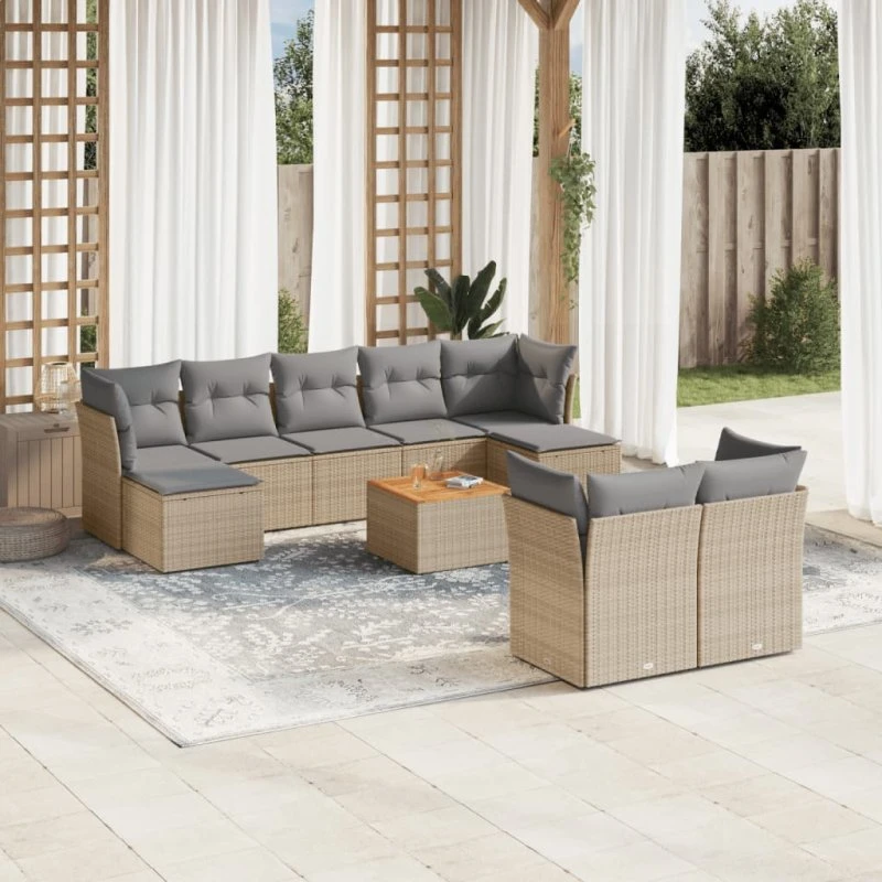 Sofasæt til haven 10 dele i polyrattan med hynder – beige