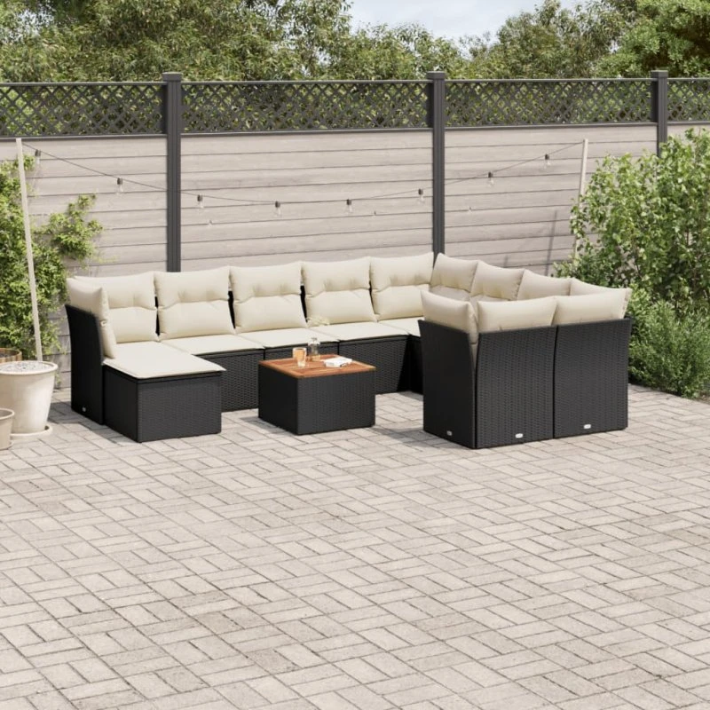 Havesofasæt 11 dele i sort polyrattan med hynder