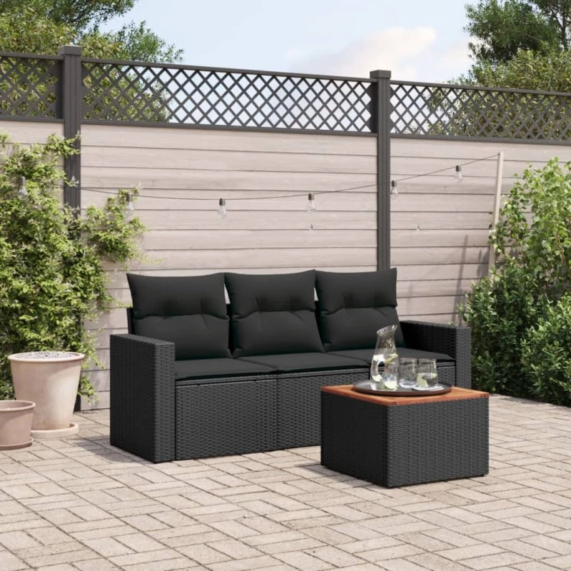 4-dele sofasæt til haven i sort polyrattan med hynder