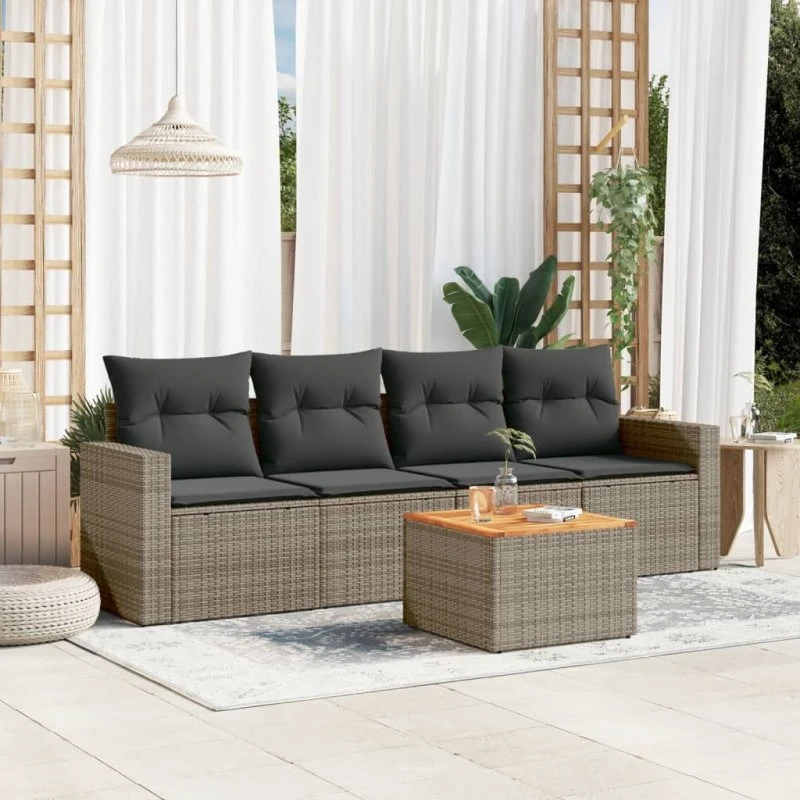 Havesofasæt 5 dele med hynder i polyrattan, grå