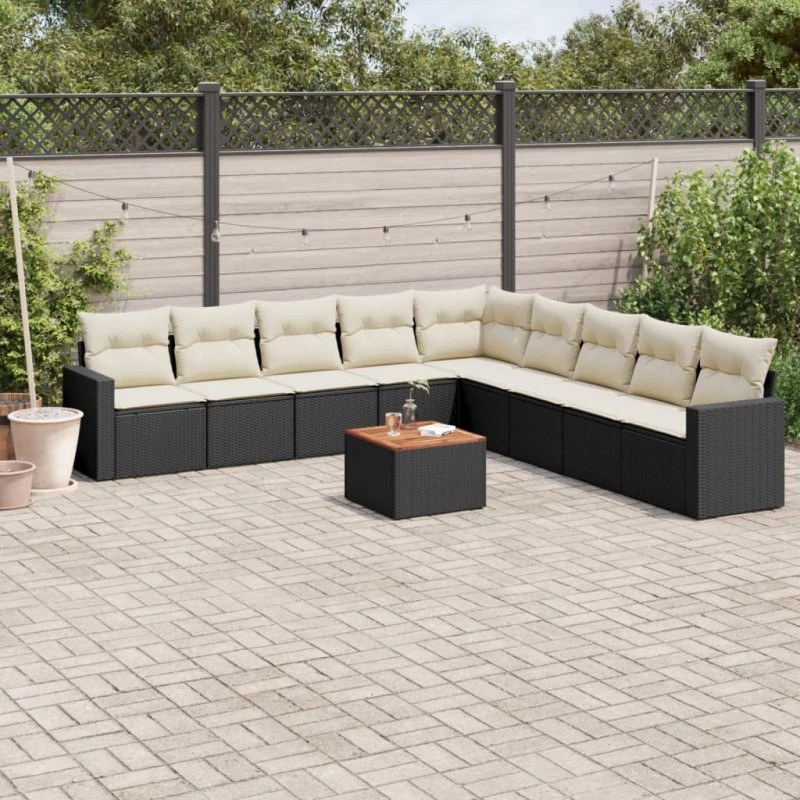 10-delers sofasæt i polyrattan med hynder, sort