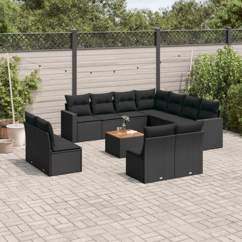 Havesofasæt 12 dele i polyrattan med hynder, sort