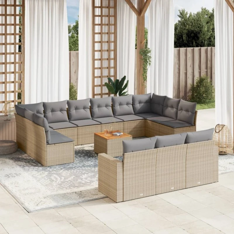 Havesofasæt polyrattan 14 dele med hynder – beige