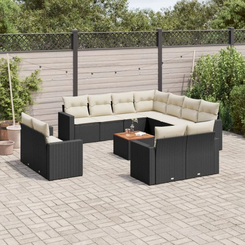 Havesofasæt 13 dele polyrattan sort med hynder