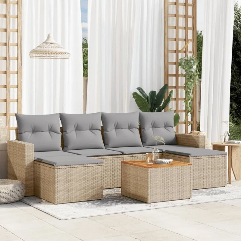 7-delers havesofasæt i polyrattan med hynder — beige