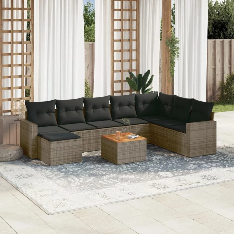 Sofasæt i polyrattan 9 dele med hynder - grå