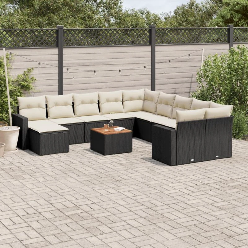 Havesofasæt 12 dele polyrattan sort med hynder