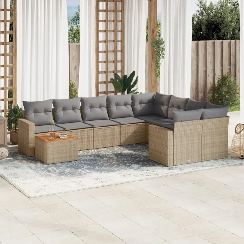 Havesæt i polyrattan 10 dele med hynder – beige
