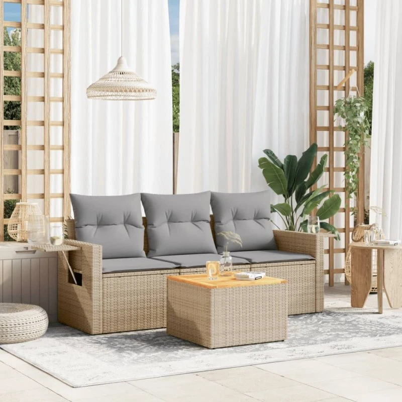 Sofasæt til haven 4 dele i beige polyrattan med hynder