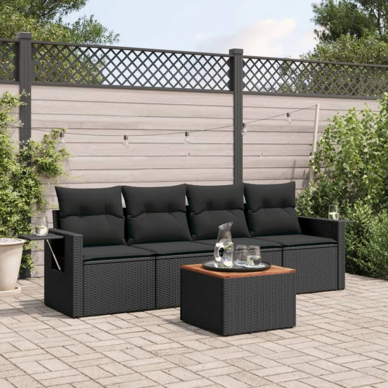 Havesofasæt 5 dele i sort polyrattan med hynder