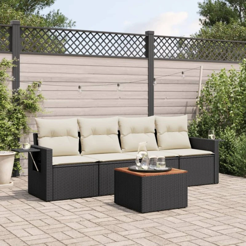 Sort polyrattan 5-dele havesofasæt med hynder