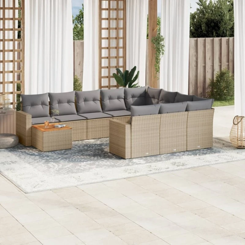 Sofasæt til haven 11 dele i polyrattan – beige med hynder