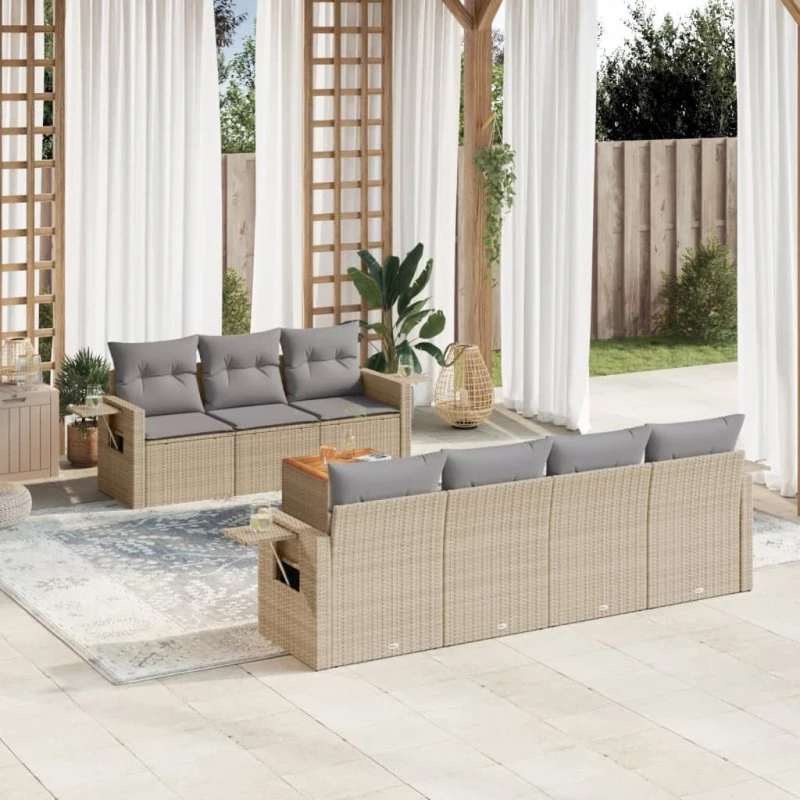 8-dele havemøbelsæt i polyrattan med hynder – beige