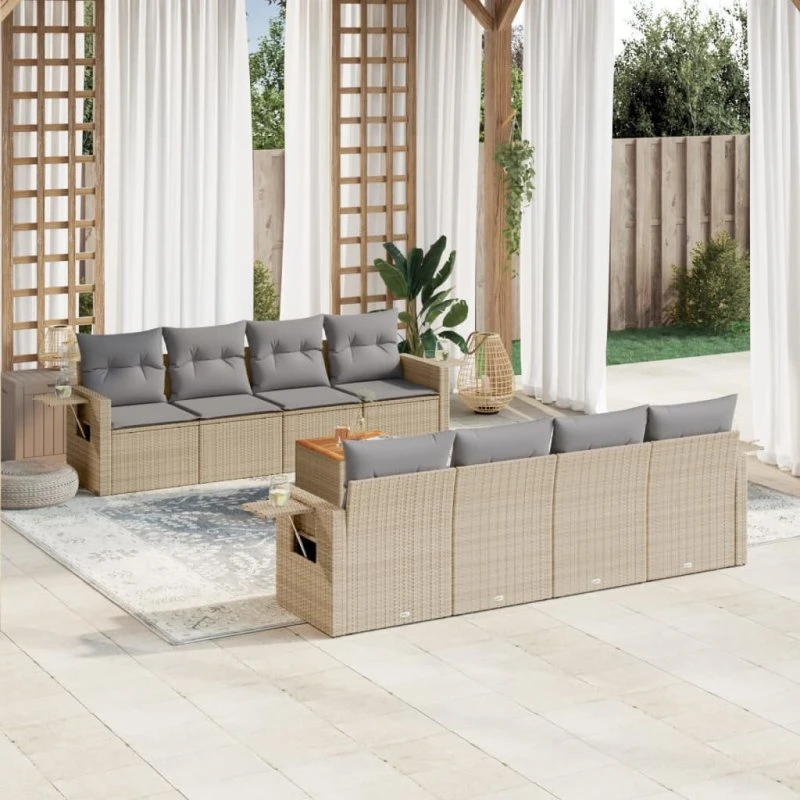Havesofasæt 9 dele i polyrattan beige m. hynder