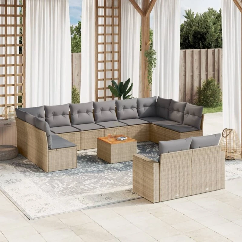 Havesofasæt 13 dele i polyrattan med hynder – beige