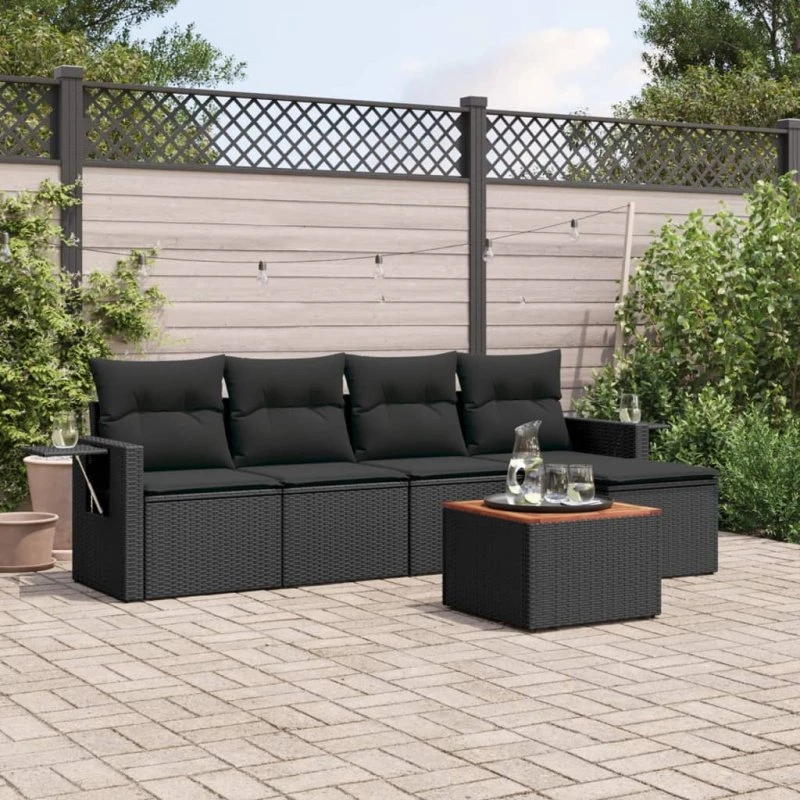 Sofasæt til haven 6 dele i sort polyrattan med hynder