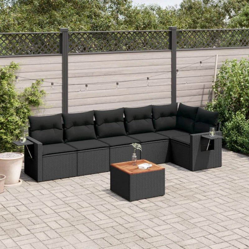 Havesofasæt 7 dele i sort polyrattan med hynder