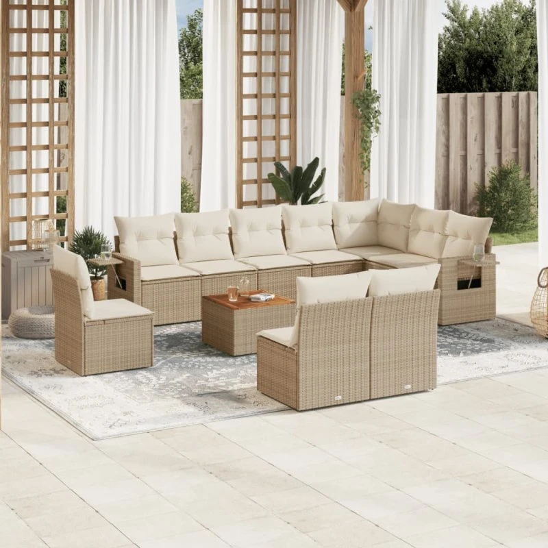 Havesofasæt 11 dele polyrattan beige med hynder