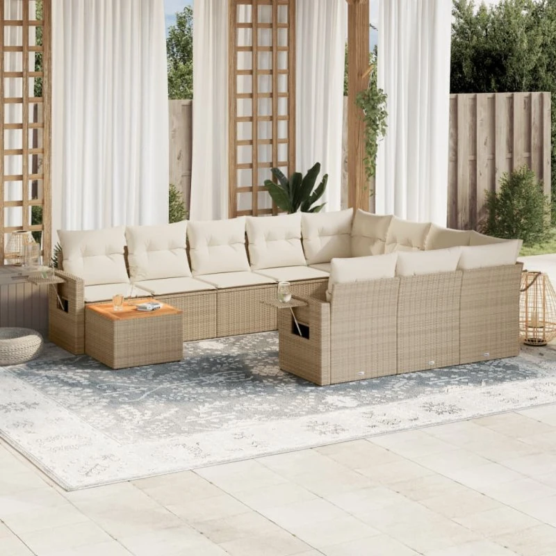 Havesofasæt 11 dele polyrattan med hynder - beige