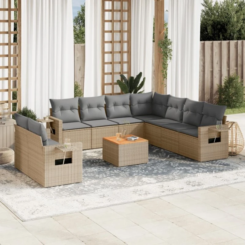 Havesofasæt 10 dele i polyrattan med hynder, beige