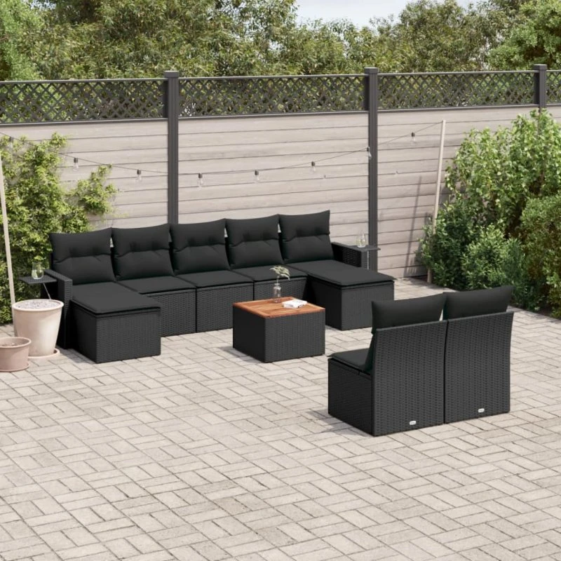 Havesofasæt 10 dele i polyrattan - sort