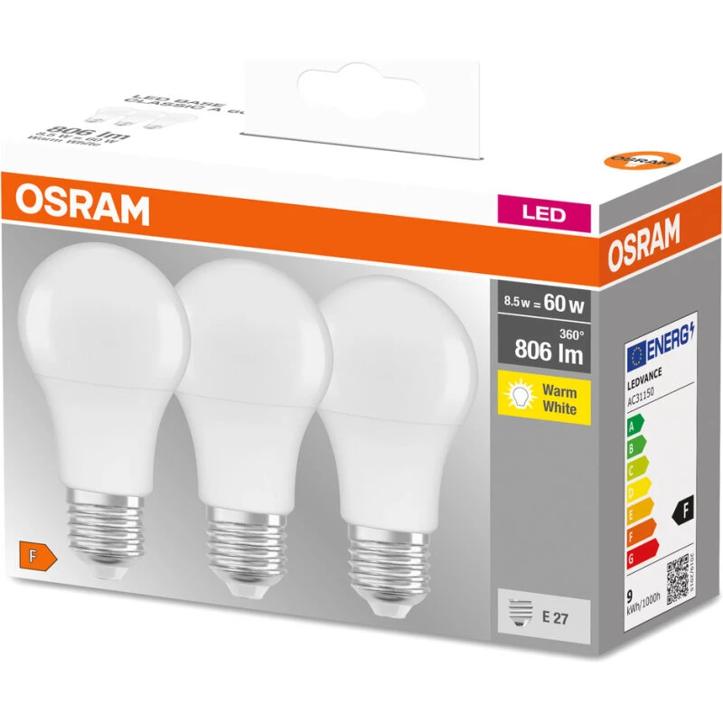 OSRAM LED Base Classic A60 8,5W 2700K E27 – 3 stk