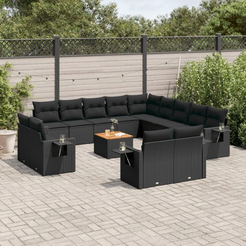 Havesofasæt 14 dele i sort polyrattan med hynder
