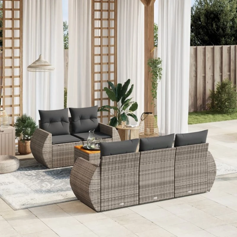 Havesofa sæt 6 dele i grå polyrattan med hynder