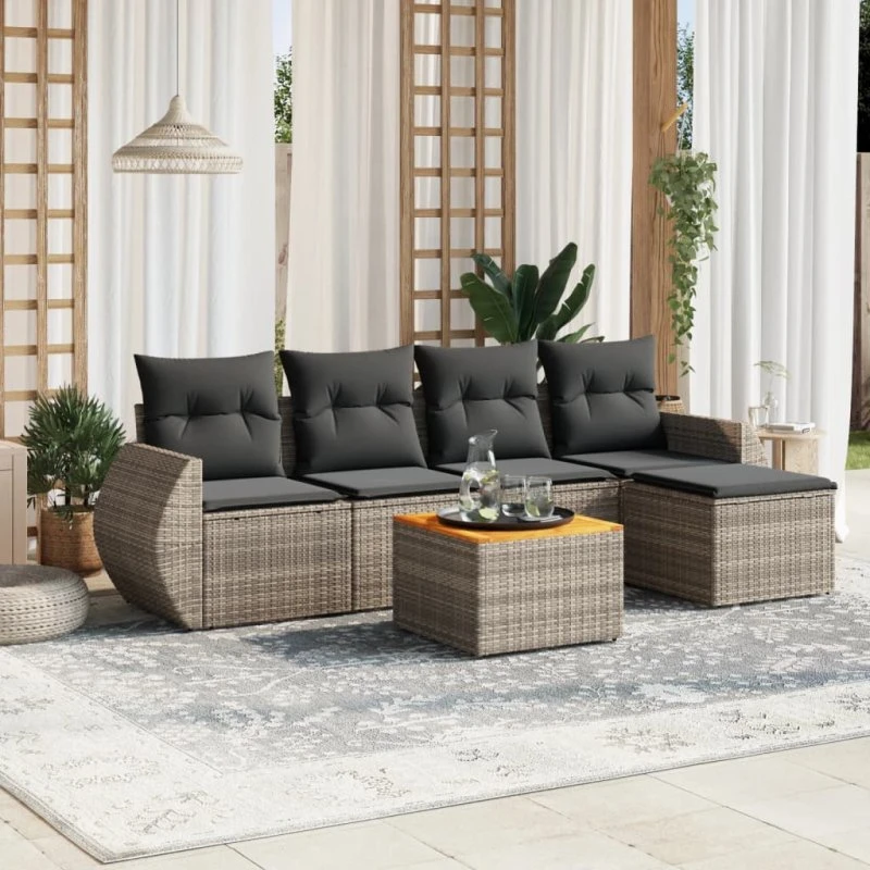 Havesofasæt 6 dele i grå polyrattan med hynder